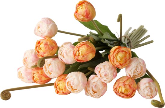 WinQ - Tulipes roses et Oranje avec verdure - Bouquet de tulipes artificielles 42 cm - 14 tulipes - Fleurs Fleurs artificielles - fleurs en soie - Vase en verre exclusif