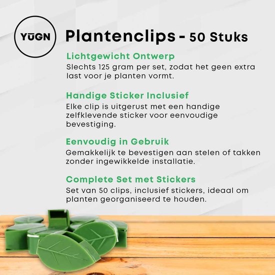 Clips YUGN pour plantes: légers, autocollants pratiques inclus, faciles à utiliser, set complet de 50 pièces. Avec texte néerlandais.