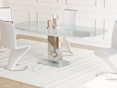 Table à manger TALICIA à rallonge en verre trempé et métal - 6 à 8 personnes - blanc L 190 cm x H 75 cm x P 105 cm