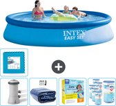Intex Rond Opblaasbaar Easy Set Zwembad - 396 x 84 cm - Blauw - Inclusief Pomp Solarzeil - Onderhoudspakket - Filters - Vloertegels