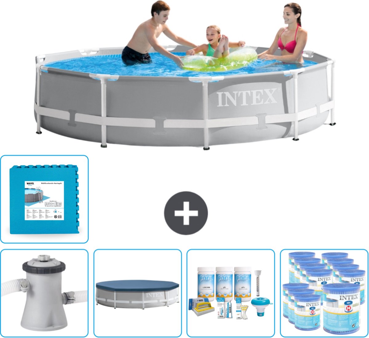Intex Rond Prism Frame Zwembad – 305 x 76 cm – Grijs – Inclusief Pomp Afdekzeil – Onderhoudspakket – Filters – Vloertegels Intex Rond Prism Frame Zwembad – 305 x 76 cm – Grijs – Inclusief Pomp Afdekzeil – Onderhoudspakket – Filters – Vloertegels