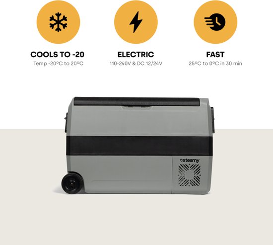 Steamy-E Dual Zone Roller Elektrische Compressor Koelbox Op Wielen - 44 liter - 12V en 230V - voor auto en camping - Grijs van Steamy — afbeelding 2