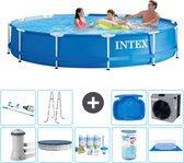 Intex Rond Frame Zwembad - 366 x 76 cm - Blauw - Inclusief Pomp Afdekzeil - Onderhoudspakket - Filter - Grondzeil - Stofzuiger - Ladder - Voetenbad - Warmtepomp
