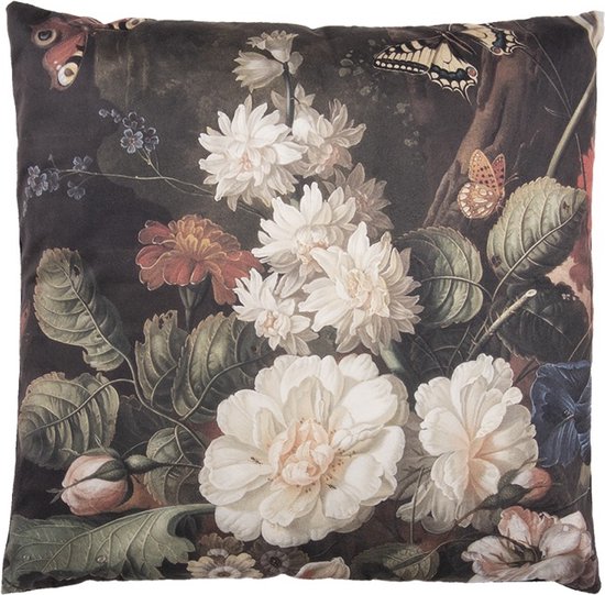 Set van 2 x Sierkussen 45x45 cm Zwart Wit Synthetisch Vierkant Bloemen Kussenhoes met Kussenvulling