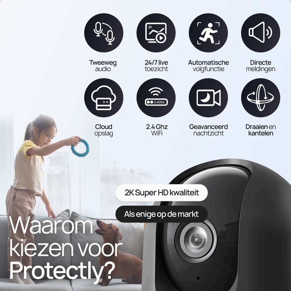 Afbeelding 2 van Protectly® Beveiligingscamera binnen - 2K 3MP Ultra HD - Huisdiercamera met app - Petcam - Hondencamera - Met WiFi APP - Volgt beweging en geluidsdetectie - Indoor Camera - Incl. 64GB SD - 2.4/5 GHz - Zwart