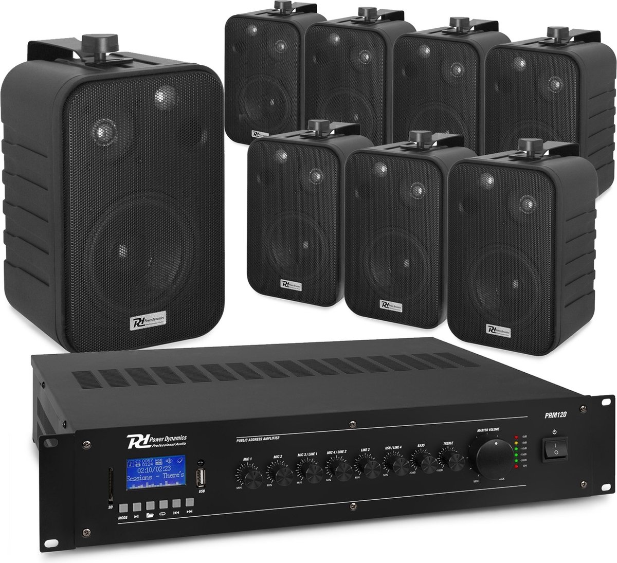 Power Dynamics installatie speakerset - Set van 8 speakers en versterker - Bluetooth - 100V - Zwart