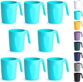 TF Blue Plastic koffiekopjes, set van 8 stuks, 450 ml, kunststof koffiemok met handgrepen, herbruikbaar, waterbeker, gemakkelijk te dragen, ideaal voor thuis, tuin, picknick, camping,