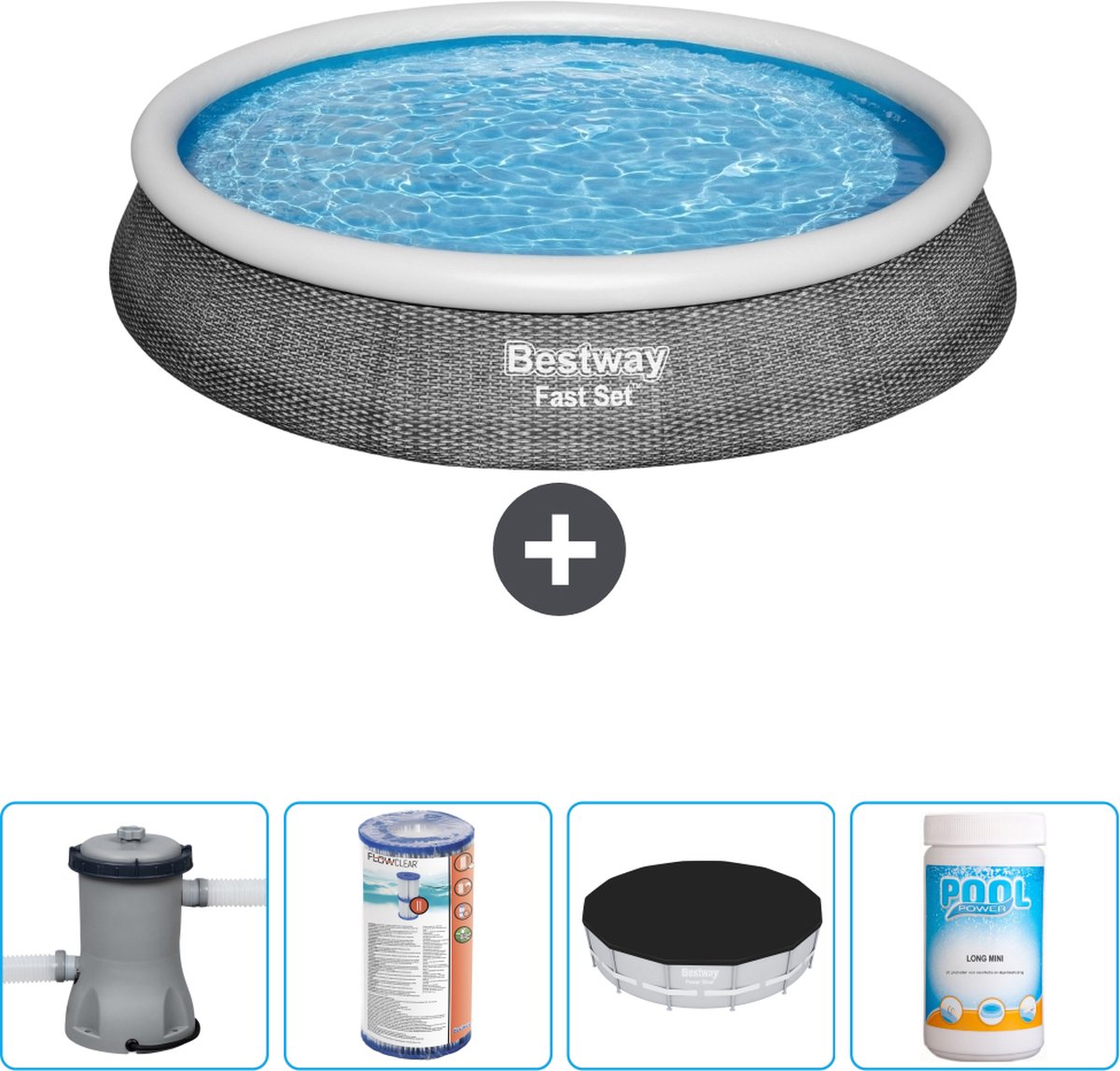Bestway Rond Opblaasbaar Fast Set Zwembad - Rotanprint - 396 x 84 cm - Inclusief Pomp Filter - Afdekzeil - Chloor