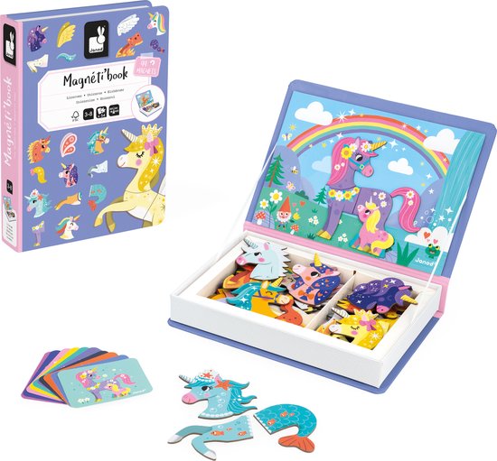 Foto: Janod magnetibook unicorn magneetboek speelset inclusief 44 magneten en 10 voorbeeldkaarten geschikt vanaf 3 jaar