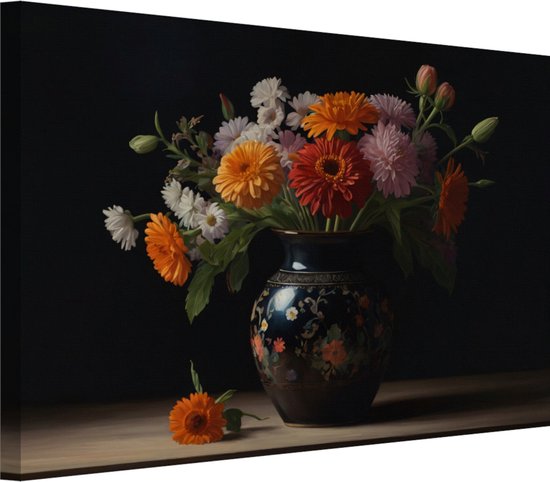 Stilleven met bloemen schilderij - Bloemen wanddecoratie - Muurdecoratie Natuur - Schilderijen op canvas industrieel - Schilderijen op canvas - Decoratie woonkamer 150x100 cm