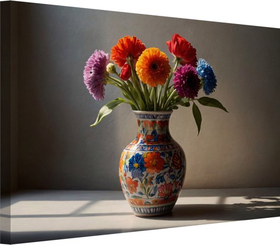 Kleurrijke bloemen in vaas schilderij - Bloemen schilderijen - Canvas schilderij Natuur - Moderne schilderijen - Canvas keuken - Schilderijen & posters 90x60 cm