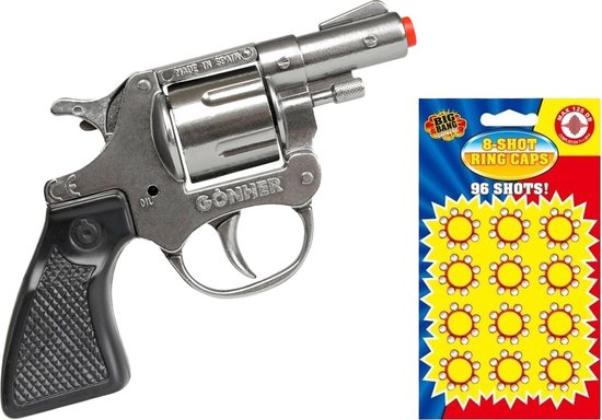 Foto: Gohner politie verkleed speelgoed revolver pistool metaal met 24x ringen 8 schots plaffertjes