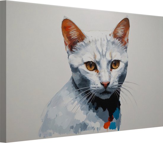 Portret witte kat schilderijen - Kat schilderijen - Schilderijen canvas Dier - Wanddecoratie klassiek - Canvas schilderij woonkamer - Woonkamer accessoires 100x75 cm