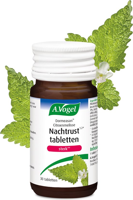 Flesje A.Vogel Dormeasan Nachtrust tabletten sterk, met citroenmelisse en muntblaadjes. 30 tabletten.