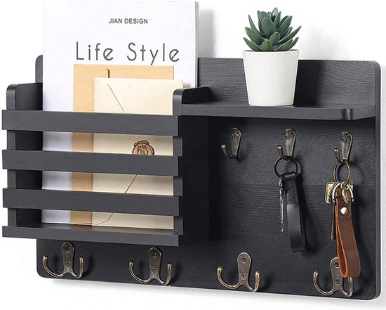 Multifunctionele Houten Wandorganizer met 11 Haken-Sleutelrek met plank- Sleutelkast-Compact en Landelijk - 40.5*23cm-Zwart