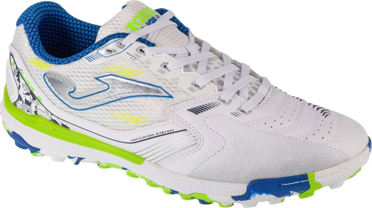 Witte Joma Liga 5 2402 TF voetbalschoen voor mannen, maat 46, van synthetisch leder met groene en blauwe accenten.
