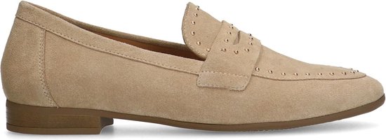 Manfield - Dames - Beige suède loafers met goudkleurige studs - Maat 36