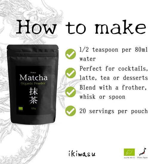 Zwarte verpakking van 125g biologische Matcha poeder, instructies voor bereiding, 20 porties per zakje.