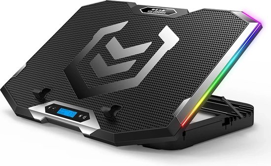 DrPhone CoolEdge – Gaming Laptop Koeler met Telefoonhouder + LCD Display – 12-18 Inch – 6 LED Ventilatoren – Antislip – 7 Hoogteniveaus Voor Comfort – Dual USB Poorten - Zwart