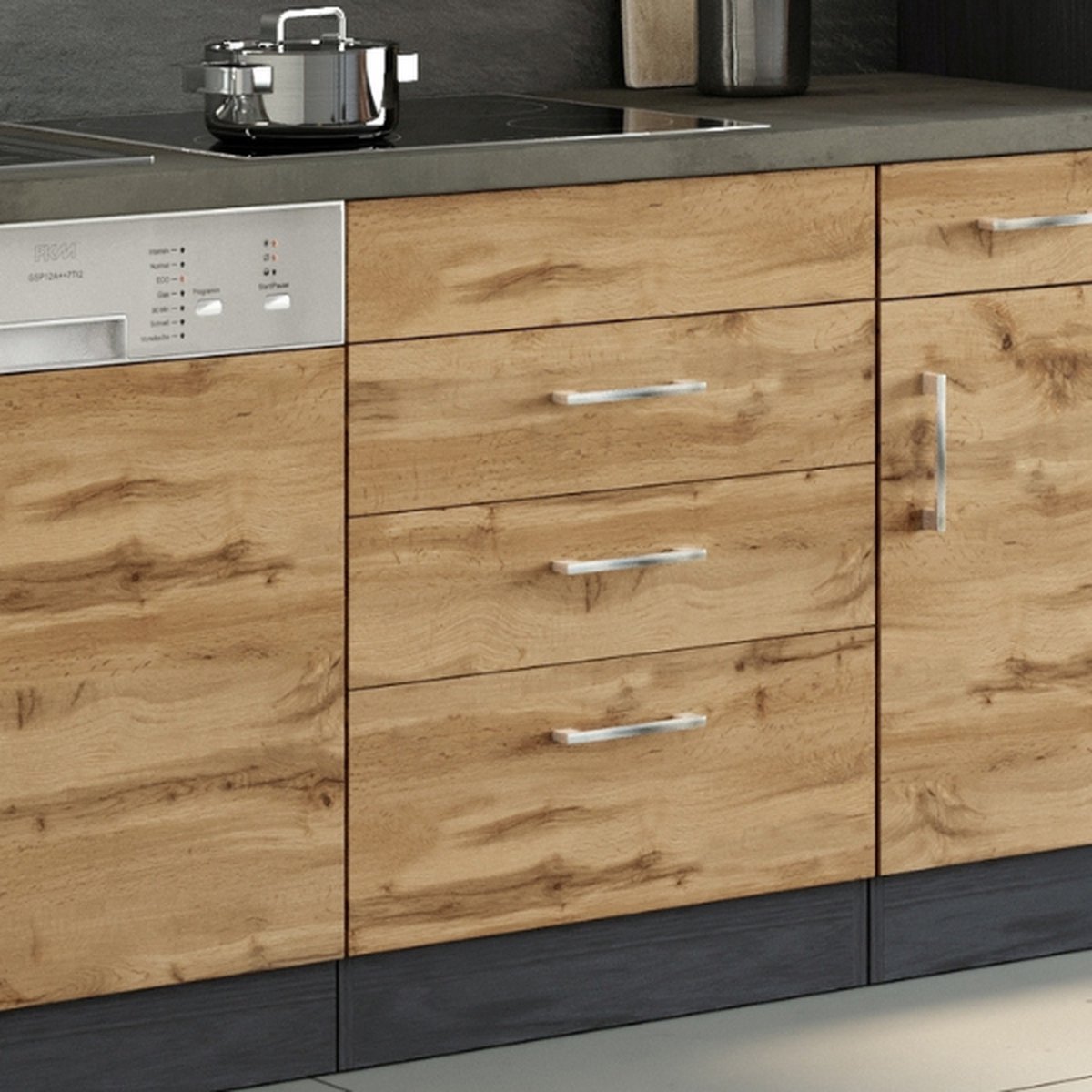 Keukenkast Voor Kookplaat Sorrella 3 Lades - Eik/grafiet - Held - Keuken Onderkast - Bruin; Zwart - Melamine; Spaanplaat