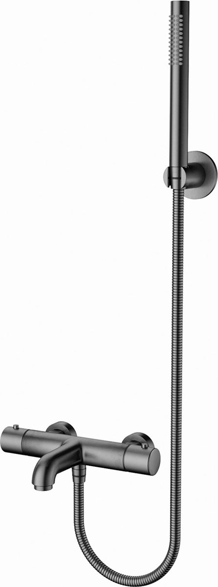 Thermostatische Bad/Douchekraan met Staafhanddouche en Handdouchehouder - Leoni - RVS - PVD - Gunmetal Grijs
