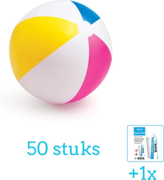 Gekleurde strandbal met gele, blauwe, roze en witte vlakken. 50 stuks.