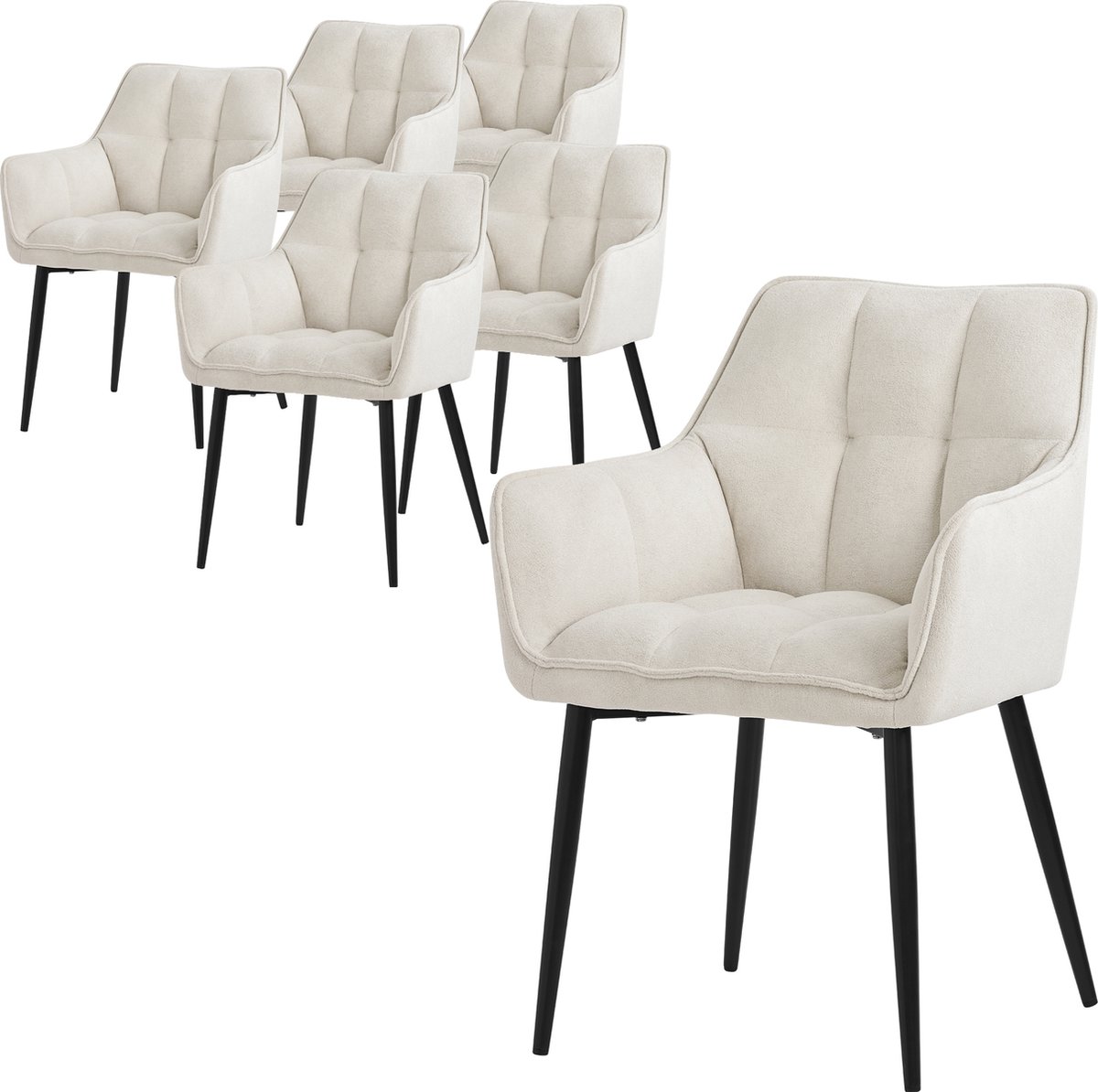 ml-design eetkamerstoelen set van 6 in badstof, crème, keukenstoel met dikke gestoffeerde zitting & metalen poten, woonkamerstoel met rugleuning en armleuningen, ergonomische loungestoel