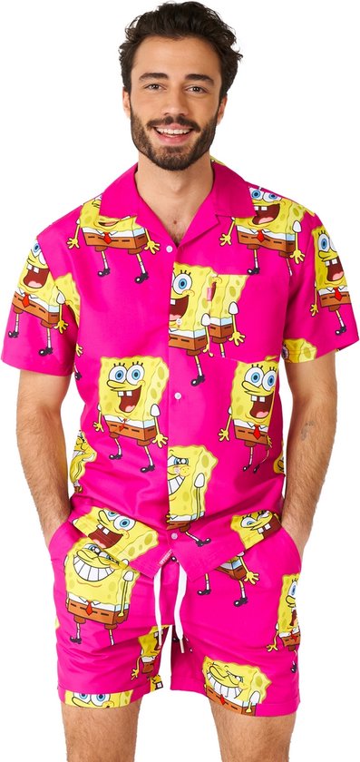 OppoSuits SpongeBob™ Pink Heren Zomer Set - Bevat Shirt En Shorts - Tropische Zwem Kleding - Roze