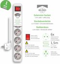 Witte stekkerdoos met 6 geaarde stopcontacten, rode aan/uit schakelaar, kinderbeveiliging en 1,5m kabel.