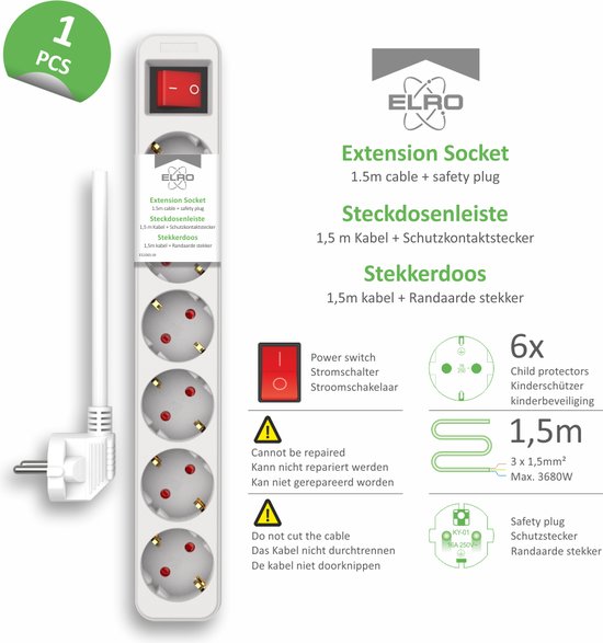 Witte stekkerdoos met 6 geaarde stopcontacten, rode aan/uit schakelaar, kinderbeveiliging en 1,5m kabel.