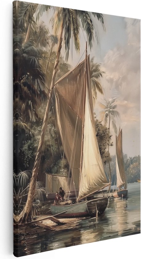 Artaza Canvas Schilderij Kunstwerk van Zeilboten op een Rivier met Palmbomen - 20x30 - Klein - Foto Op Canvas - Canvas Print