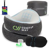 COMFY WAY® - Nekkussen - 360 graden ondersteuning Luxe Reiskussen voor vliegtuig en auto - memory foam met slaapmasker en oordoppen - Grijs