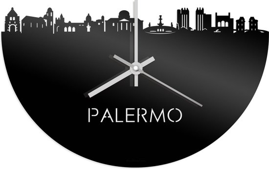 Skyline Klok Palermo Zwart Glanzend - Ø 40 cm - Stil uurwerk - Wanddecoratie - Meer steden beschikbaar - Woonkamer idee - Woondecoratie - City Art - Steden kunst - Cadeau voor hem - Cadeau voor haar - Jubileum - Trouwerij - Housewarming -