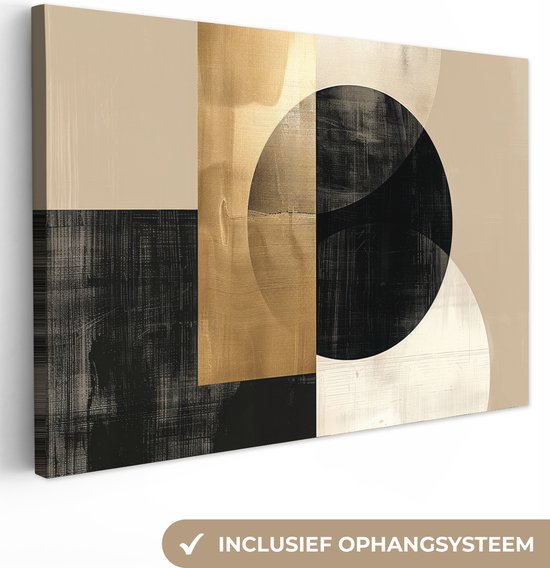 Abstract canvas schilderij met geometrische vormen in zwart, goud en beige tinten.