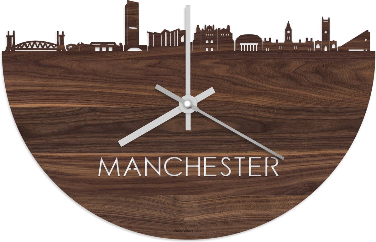 Skyline Klok Manchester Notenhout - Ø 40 cm - Stil uurwerk - Wanddecoratie - Meer steden beschikbaar - Woonkamer idee - Woondecoratie - City Art - Steden kunst - Cadeau voor hem - Cadeau voor haar - Jubileum - Trouwerij - Housewarming -