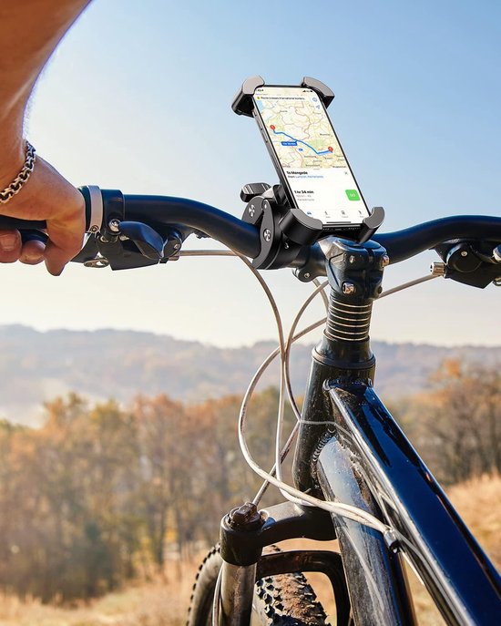 Smartphone mounted securely on bicycle handlebars for navigation