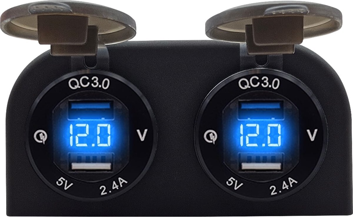 ProRide® 12V USB Stopcontact 2 Poorten met Voltmeter - Tweevoudig Opbouw - 5V/2.4A - DS2114B - USB Autolader, Boot en Camper - Blauw
