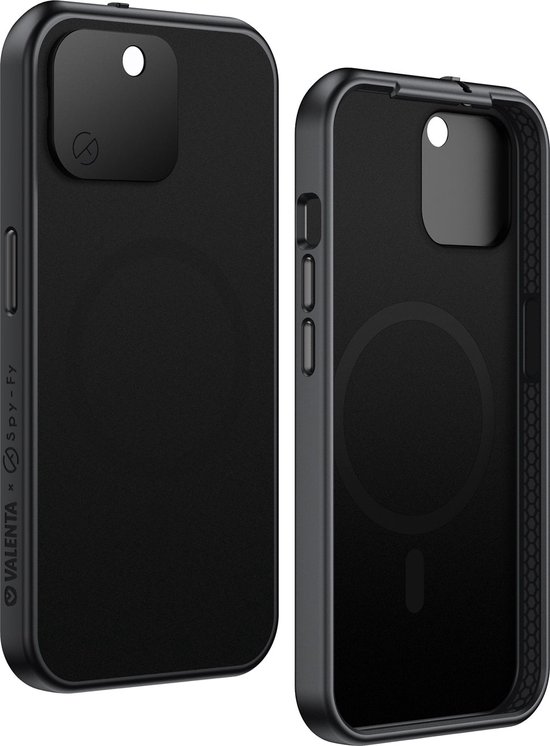 Valenta x Spy-Fy - Coque iPhone 15 avec caches d'appareil photo à l'avant et à l'arrière | Protège votre vie privée et vos Caméras | Étui de confidentialité Valenta Zwart