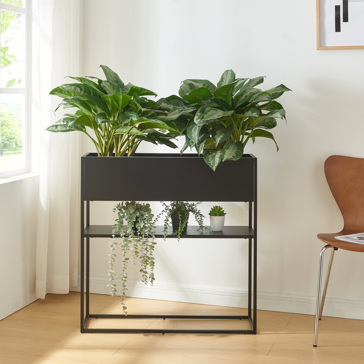 Plantenstandaard Joensuu 80x80x25 cm met plank zwart [en.casa]