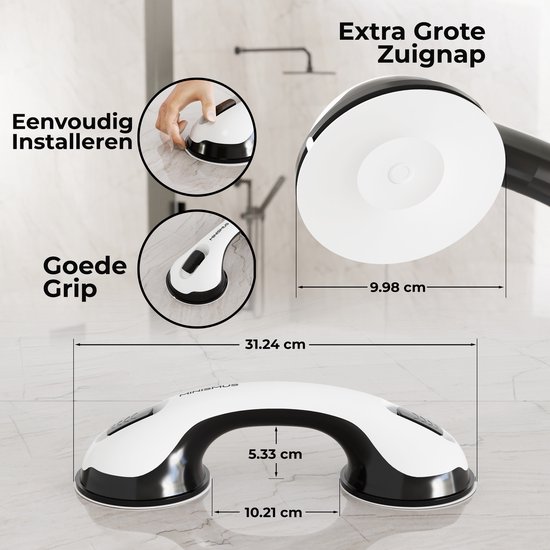 Afmetingen van de witte met zwarte handgreep, met nadruk op de grote zuignap en eenvoudige installatie.