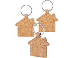 Sleutelhanger met huisje - 3x - kurk/metaal - 5 x 6 cm - eigen huis/nieuw huis/housewarming cadeau/hotel