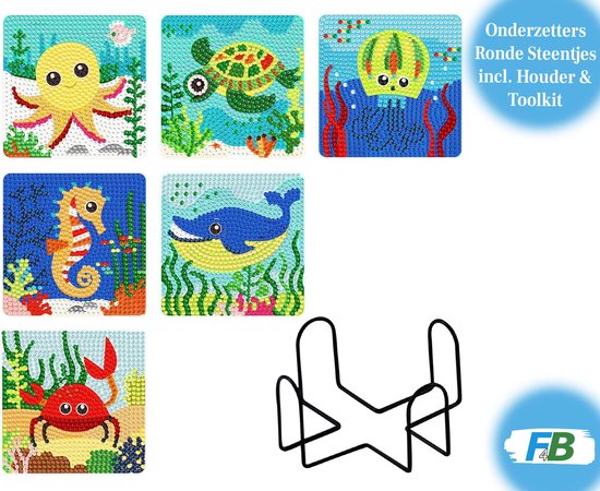 Foto: F4b 6 delige onderzetters zeedieren diamond painting ronde steentjes met houder onderleggers octopus zeepaardje krab walvis zeeschildpad kwal kinderen pakket volwassenen en kinderen