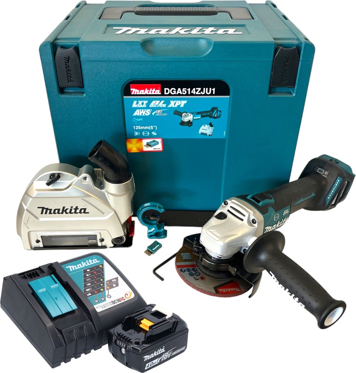 Makita DGA 514 RM1JU1 Snoerloze haakse slijper 18 V 125 mm borstelloos + 1x accu 4.0 Ah + lader + Makpac