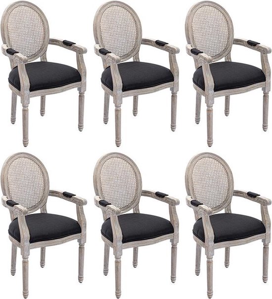 Set van 6 stoelen met armleuningen - Riet, stof en heveahout - Zwart - ANTOINETTE L 54.4 cm x H 95.5 cm x D 57 cm