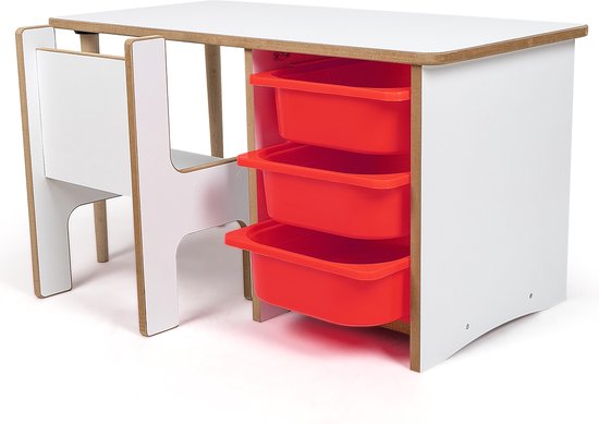 Industrial Living kindertafel met 3 rode lades - Kinderbureau met kinderstoel - Tekentafel - Activiteitentafel - Speeltafel - Hout - Wit