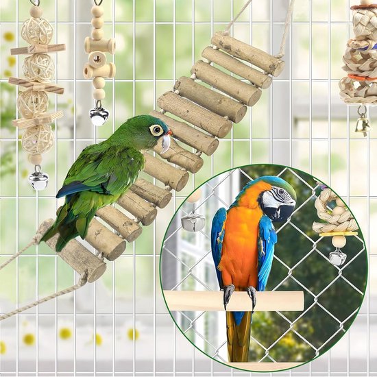 Seahelms 8 stuks papegaaienspeelgoed vogels parkiet kooi speelgoed valkparkiet vogel kauwen natuurlijk hout hangmat hangende bel vogelkooi schommel speelgoed voor valkparkieten, vinken, kleine