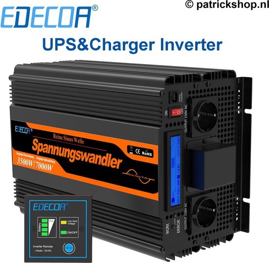 Edecoa 12V-230V UPS/Accu lader/Omschakelsysteem Zuivere Sinus Omvormer - 3500W/7000W + controller