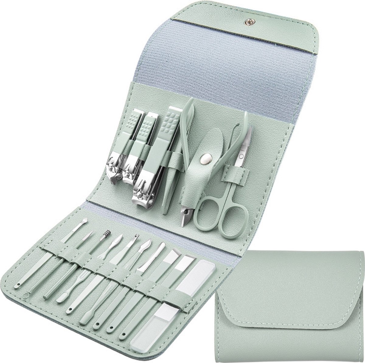 Goedkoopste 16-delige Pedicure, Manicure en Wenkbrauw Set - 3 Nagelknippers - Complete Pedicureset - Nagelschaar - Nagelvijl - Nageltang - Teennagelknipper - Kalknagel - Groen