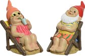 Ensemble de 2 nains de jardin - bain de soleil dans chaise de plage - pierre artificielle - H21 cm