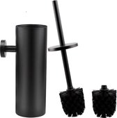 WC-borstel van roestvrij staal | Houder set voor wandmontage en staand gebruik | Lange steel voor badkamer | Zwart toilet brush with holder